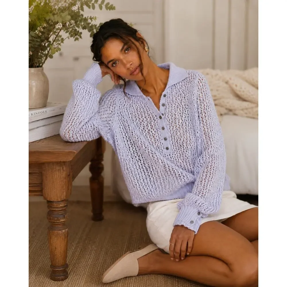 NEW Free People Open Knit Snowdrift Periwinkle Ice Collared Pullover Sweater Med